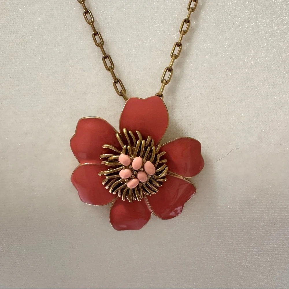 J.Crew Coral Pink Enamel Flower Pendant Necklace Gold Tone 26” - Picture 7 of 12